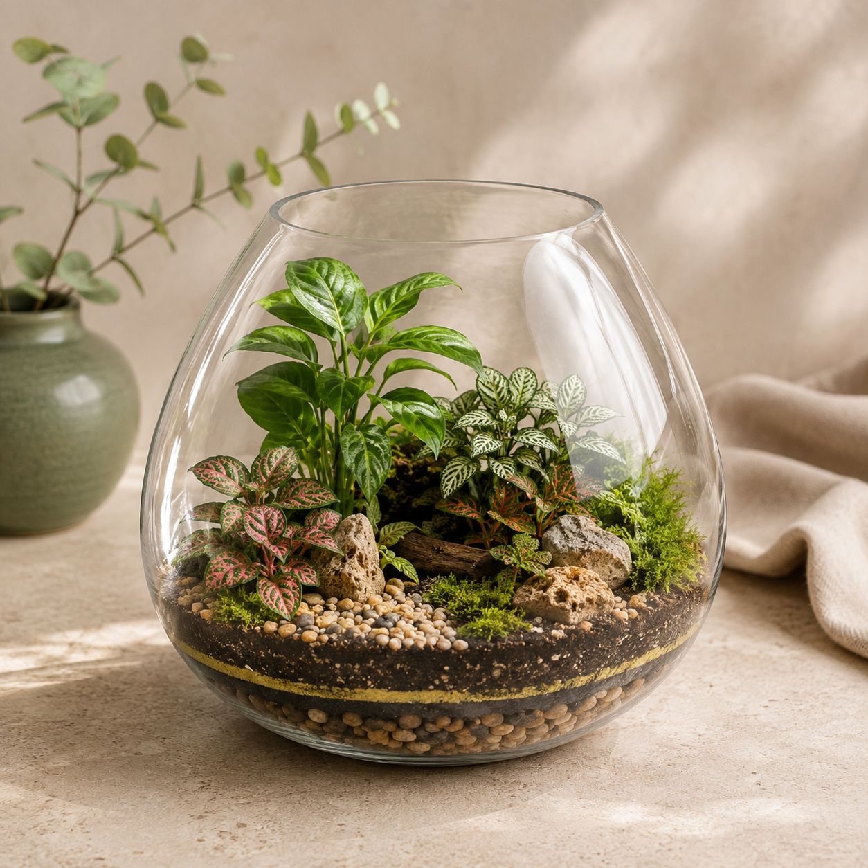 Glass bowl with plants and a mushroom house, ready made terrarium