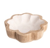 Flower-shaped wooden bowl with white interior on a white background