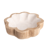 Flower-shaped wooden bowl with white interior on a white background