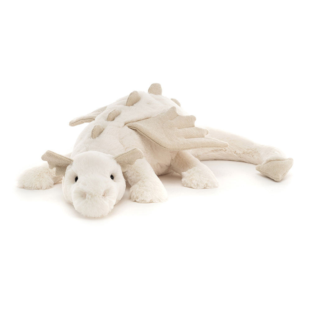 Jellycat Snow Dragon soft white plush dragon with shimmering silver wings and long tail