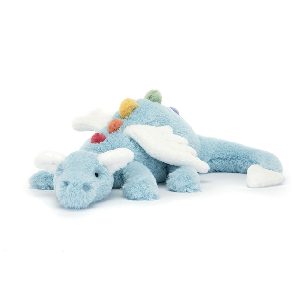 Jellycat Sky Dragon soft sky-blue plush dragon with shimmering wings and long tail